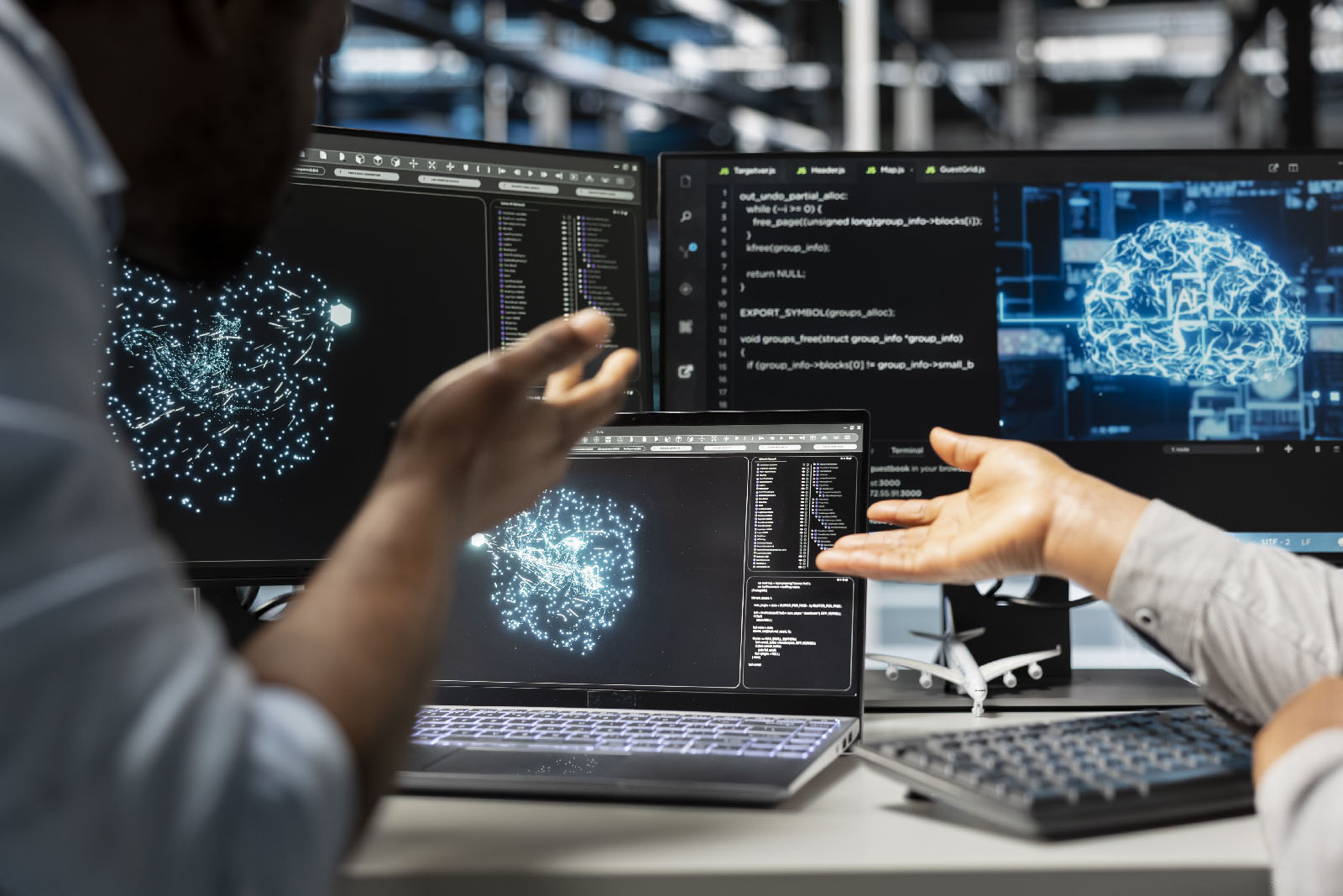Server farm engineering team looks at data analysis graph